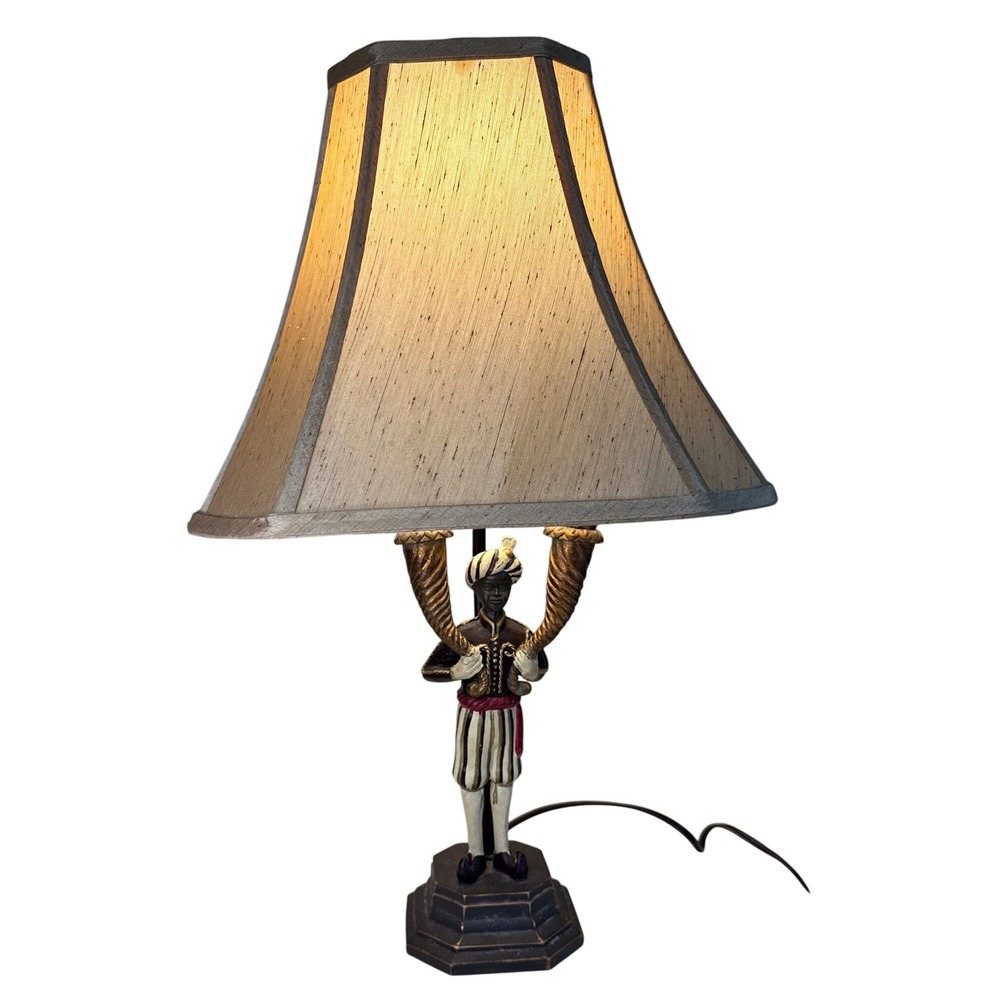 Vintage Blackamoor‎ Table Lamp Resin Figure Falming Torches Finial Shade Works